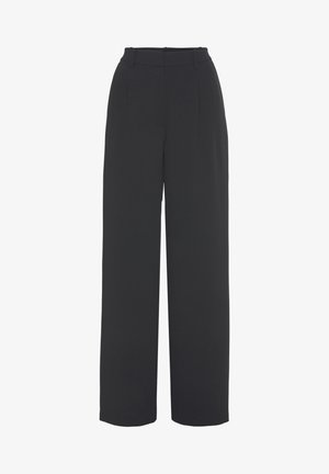 Črne široke hlače z visokim pasom, ki imajo dva sprednja nabora in gladko teksturo. Narejene so iz lahke, strukturirane tkanine.