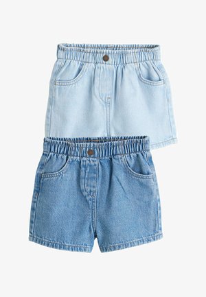 Deux pantalons en jean à taille élastique, une jupe bleu clair et un short bleu plus foncé, tous deux avec poches avant et fermetures à boutons.