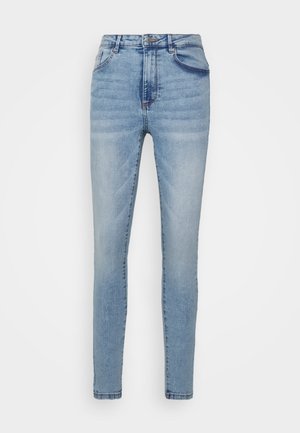 Jeans de cintura alta azul-claro em corte slim, com cinco bolsos e desbotamento subtil. Feitos de denim com uma textura suave.