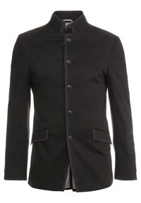 Black jacket with high collar, contrasting purple trim, front buttons, and side pockets. Smooth fabric with a tailored fit and structured shape.