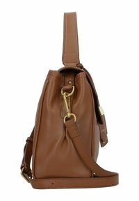 Borsa a mano in pelle marrone caratterizzata da un design strutturato, manico superiore singolo, tracolla staccabile e dettagli in hardware dorato.