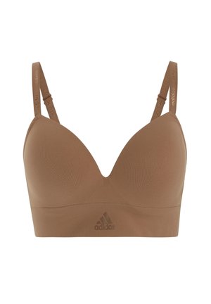 Brassière de sport marron rembourrée avec bretelles réglables, comportant le logo Adidas et du texte sur les bretelles et la bande centrale.