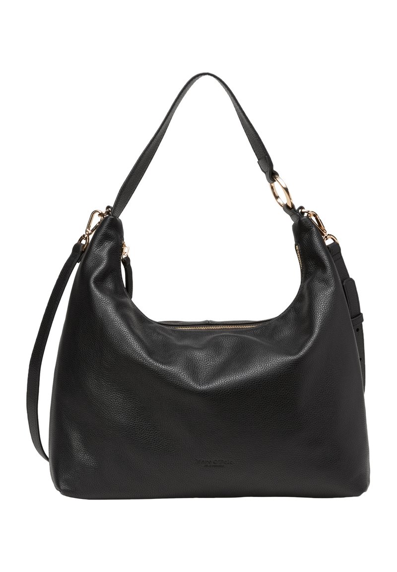 Schwarze Lederhandtasche mit einer lässigen Form, goldenen Hardware-Akzenten, einem einzelnen Schultergurt und einem mit Reißverschluss versehenen Hauptfach. Strukturierte Oberfläche.