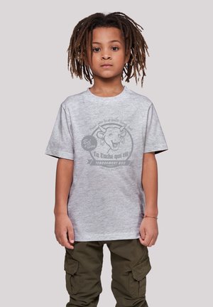 Graues Baumwoll-T-Shirt mit einem Grafikmotiv einer lächelnden Kuh und dem Text "La Vache qui rit" in dunkelgrauter Tinte, Rundhalsausschnitt und kurzen Ärmeln.