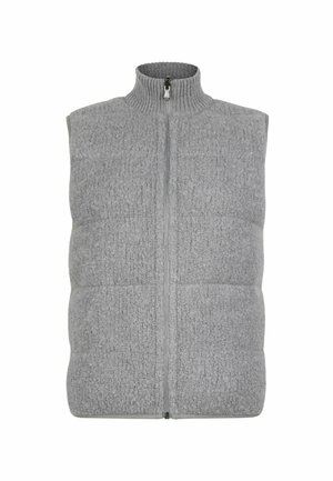 Grau Fleece-Weste mit hohem Kragen, ausgestattet mit einem frontalen Reißverschluss und einem strukturierten, gesteppten Design. Geeignet zum Schichten bei kühlerem Wetter.
