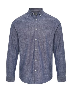 Camisa de botones en tela de chambray azul marino. Cuenta con un cuello clásico, mangas largas y cierre de botones en la parte delantera. Detalle sutil de textura y logotipo.