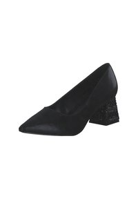 Black high-heeled shoes with a pointed toe and textured block heel featuring a woven design. Made of synthetic material with a smooth finish.