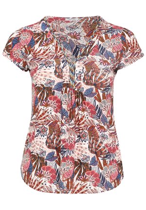 Korte mouwen V-hals blouse met een meerkleurig patroon van bloemen en bladeren in tinten roze, bruin, blauw en wit.