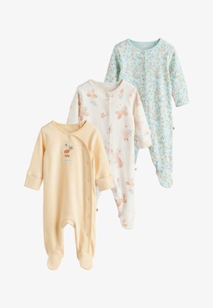 Drei Baby-Schlafanzüge mit Füßchen in Pastellgelb mit Entenmotiv, cremefarben mit Blumen- und Hasenmustern und hellblau mit Tier- und Blumenmotiven.