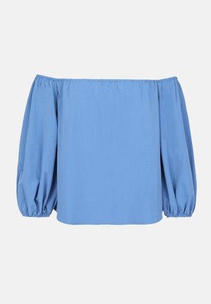 Top blu off-the-shoulder realizzato in tessuto leggero, con maniche lunghe a sbuffo e orlo dritto con elastico sul colletto.