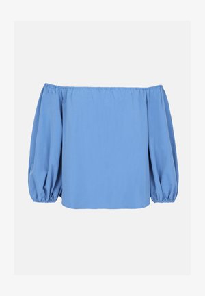 Modrý top bez ramínek vyrobený z lehkého materiálu, s nafouknutými dlouhými rukávy a rovný lem s elastickým lemem u výstřihu.