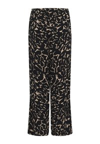 Pantalons larges à motif noir et beige avec une taille élastique et un tissu lisse et léger, offrant une silhouette fluide.