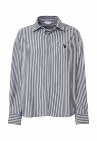 Camicia a righe grigia e bianca con bottoni, caratterizzata da un colletto classico, maniche lunghe e un piccolo logo ricamato sul petto.