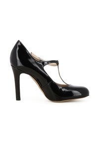 Scarpa con tacco alto in vernice nera, con design a T-strap, punta arrotondata e finitura lucida, caratterizzata da un sottile tacco a stiletto.