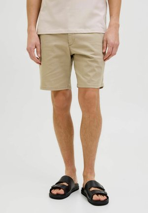 Mand iført beige shorts, sorte åbne sandaler med stropper og en lys beige skjorte, stående mod en ensfarvet lys baggrund.