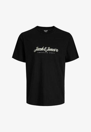 Černé tričko s krátkým rukávem s bílým logem "Jack & Jones Creative Dept" uprostřed na hrudi, s kulatým výstřihem a běžným střihem.