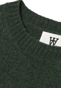 Green knit sweater featuring a ribbed crew neckline and textured fabric, with a visible woven label in white and black.