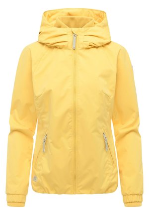 Gul hettejakke for kvinner med frontglidelås, to glidelåslommer, elastiske mansjetter og høy krage.