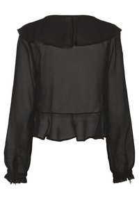Svart genomskinlig blus med rynkad halsringning, långa ärmar och cinchad midja med en volang. Texturerad tyg, lätt design.