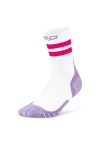 Calzino bianco con accenti rosa e viola. Presenta tre strisce orizzontali rosa vicino alla parte superiore, con tallone e punta viola.