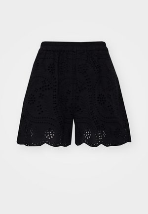 Svarte shorts med intrikate broderte utskjæringer, bølgete kant og elastisk liv for komfort.