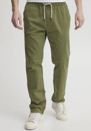 Lightweight, olive green, cotton blend pants with an elastic waistband, adjustable drawstring, and side pockets. Suitable for casual wear.