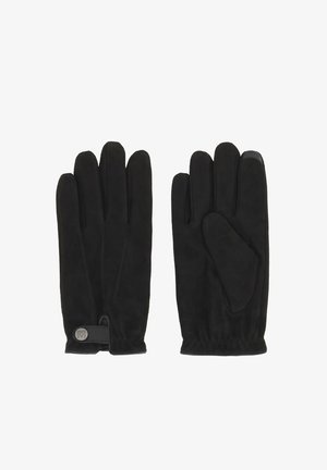 Gants noirs en suède doux, offrant un ajustement serré, quatre doigts et un pouce avec une zone de prise texturée. Comprend un petit détail de logo.