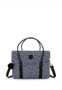 Patterned fabric bag in navy blue and white, featuring black leather straps, a pom-pom accent, and a flap closure with a logo detail.