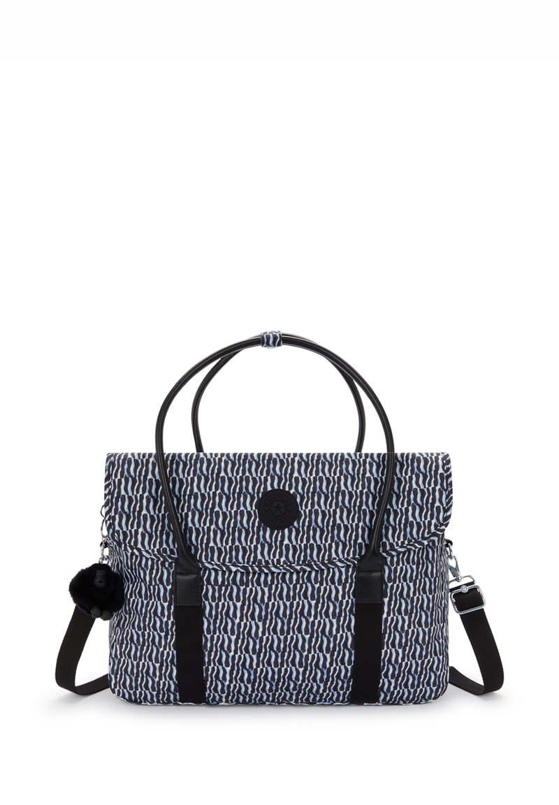 Patterned fabric bag in navy blue and white, featuring black leather straps, a pom-pom accent, and a flap closure with a logo detail.
