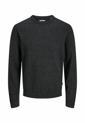 Temno siva dolga majica s krojem in fine pletenine, z rebrastimi manšetami in robom, prikazana na beli podlagi.