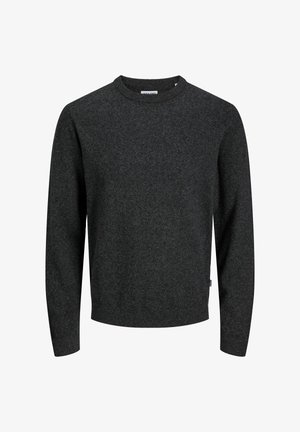 Tamno siva dugosleeve majica s okruglim izrezom, finog pletenog uzorka i rebrastim manžetama i donjim rubom, prikazana na bijeloj pozadini.