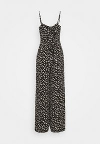 Svart blomstermönstrad byxdress med tunna remmar och knytning fram. Har en lös passform med vida ben och ett litet vitt och rosa blommönster.