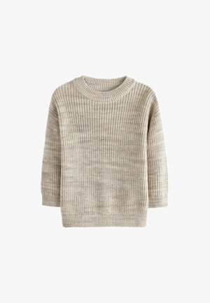 Maglione lavorato a maglia di un beige chiaro con scollatura rotonda e maniche a tre quarti. Presenta un motivo a punto tessuto e polsini a costine.