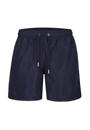 Marineblaue Badeshorts mit elastischem Bund und schwarzem Kordelzug mit silbernen Endstücken, mittellang bis zum Oberschenkel, glattes Material.