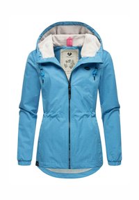 Svijetloplava jakna s mekanom bijelom kapuljačom podstavljenom flisom, prednjim zatvaračem na rastezanje, podesivim vezicama i elastičnim manžetama s zaobljenim rubom.