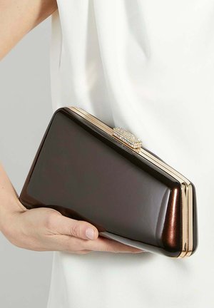 Brown glossy clutch with gold-tone clasp, rectangular shape, smooth texture, featuring crystal accents on the clasp.