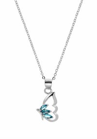 Silver necklace with butterfly-shaped pendant featuring three blue marquise gemstones on one wing.