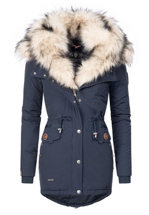 Parka marine avec capuche en fausse fourrure, devant à boutons, taille à cordon de serrage et deux poches avant. Tissu texturé avec une finition lisse.