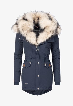 Parka azul marino con capucha de pelo sintético, parte delantera abotonada, cintura ajustable con cordón y dos bolsillos delanteros. Tejido texturizado con un acabado suave.