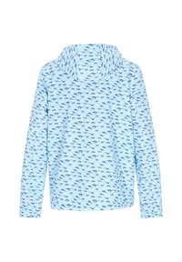 Niebieska kurtka z kapturem z nadrukiem dinozaurów w ciemniejszym odcieniu niebieskiego. Wykonana z lekkiego materiału, z długimi rękawami i elastycznymi mankietami.