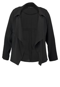 Black, lightweight jacket made of soft fabric. Features a draped front, long sleeves, and an open front design without fasteners.