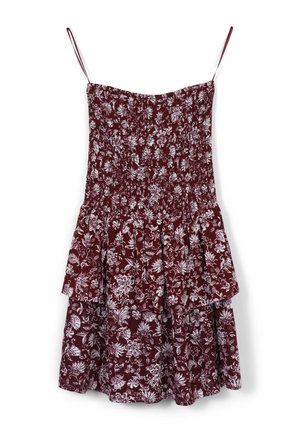 Abito senza maniche color mogano con motivo floreale bianco, corpetto arricciato, spalline sottili e strati di gonna a balze.