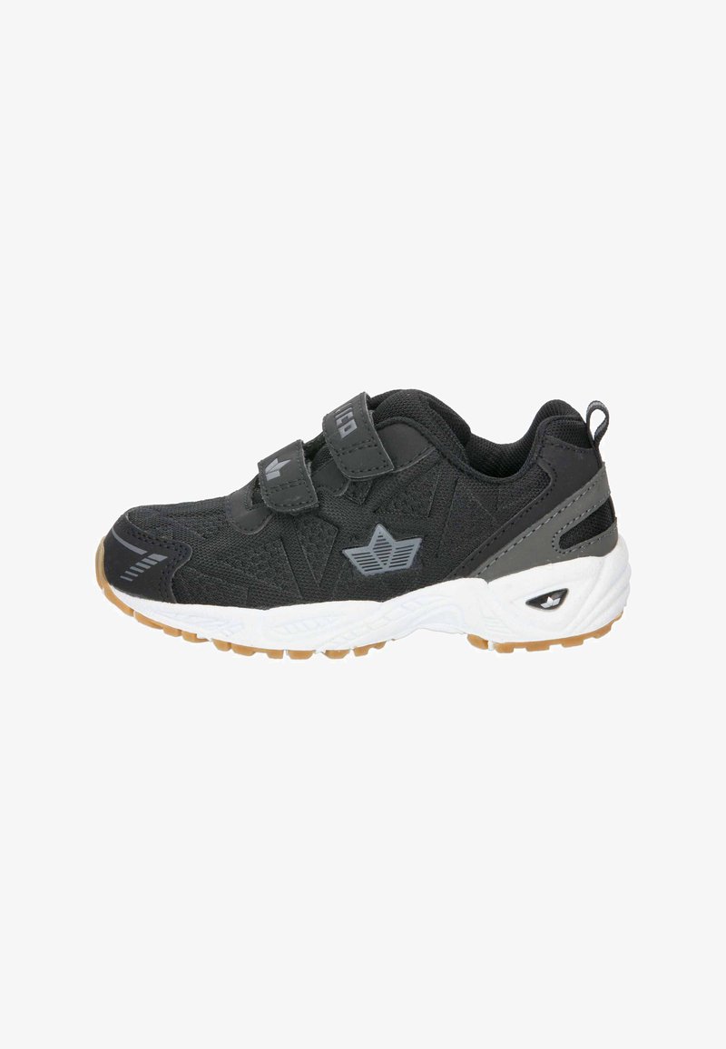 Schwarzer Sportschuh mit grauen Akzenten. Obermaterial aus Mesh, doppelte Klettverschlüsse, weißes Zwischensohlen und eine Gummilaufsohle für besseren Halt.