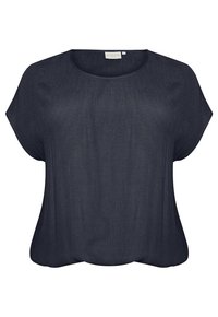 Dark navy, short-sleeved blouse with a round neckline and a loose, flowing fit. Made from a lightweight fabric with a subtle texture.