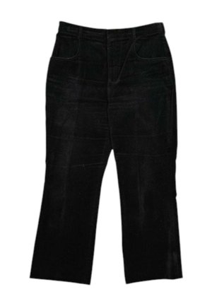 Czarne spodnie sztruksowe z przednimi kieszeniami i prostym krojem nogawek, pokazane na płasko na białym tle.