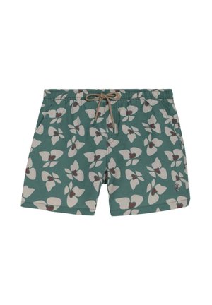 Bañador verde con estampados florales en beige y marrón oscuro y cordón beige en la cintura elástica, con bolsillos laterales.
