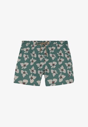 Short de bain vert avec des motifs floraux beige et marron foncé et un cordon beige à la taille élastique, avec poches latérales.