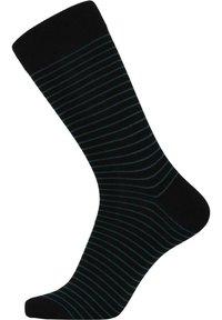 Black sock with thin, blue stripes. Features a solid black cuff. Material is soft with a smooth texture. Standard crew length design.