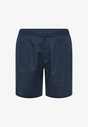 Shorts homme bleu marine avec taille élastique, devant plat et texture de tissu lisse et unie.