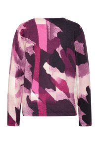 Langärmliger Pullover mit einem abstrakten Muster in Pink, Violett und Creme. Weiche Textur mit leicht lockerem Sitz und rundem Ausschnitt.